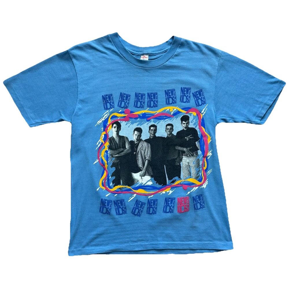 Vintage 80s New Kids On The Block T-Shirt XL Blue Band Tour Tee Hip Hop NKOTB